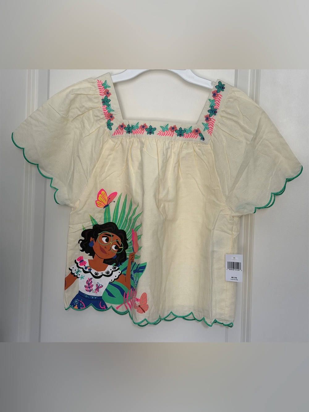 Disney Cream Girls' Flutter Sleeve Top with Pink & Green Embroidery